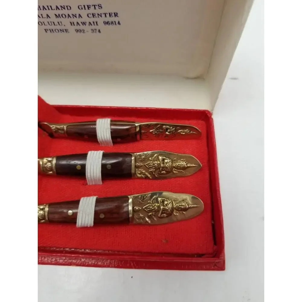 Vintage Thai Brass Rosewood Hors d'Oeuvre Set Mid Century Buddha Souvenir
